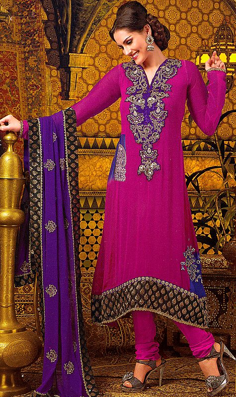 Fuchsia-Purple Designer Choodidaar Kameez Suit with Velvet Applique and Embroidery on Neck