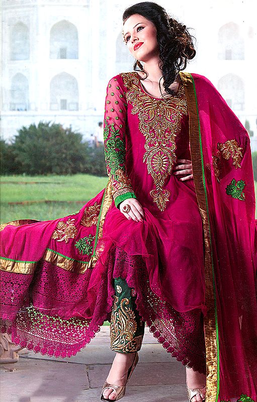 Fuchsia-Purple Designer Flared Suit with Metallic Thread Embroidery on Neck and Crochet Border