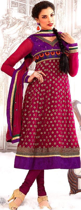 Fuchsia-Red Anarkali Suit with Goden Thread Embroidered Bootis and Patch Border