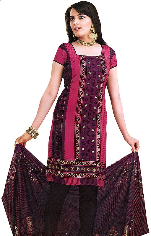 Fuchsia-Rose and Sunset-Purple Suit Salwar with Printed Flowers