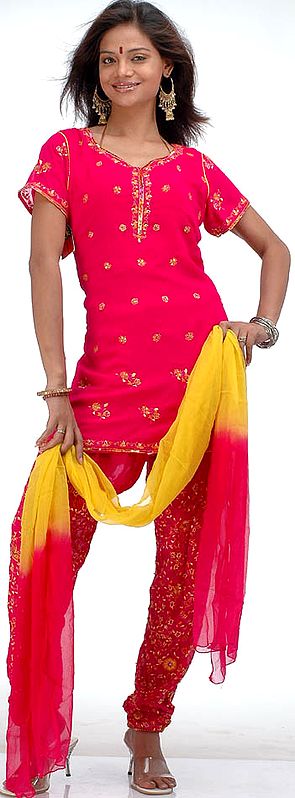 Fuschia and Yellow Choodidaar Suit with All-Over Embroidery and Sequins