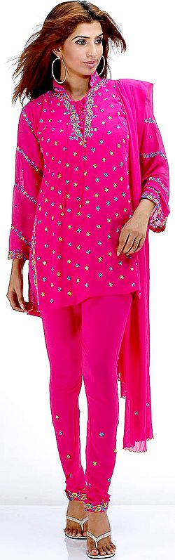 Fuschia Choodidaar Suit with Floral Embroidery