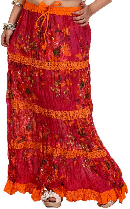 Fushia-Purple and Orange Skirt with Printed Flowers and Crochet