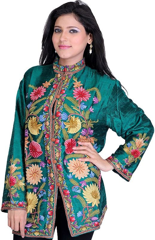 Galapagos-Green Jacket from Kashmir with Floral Embroidery by Hand