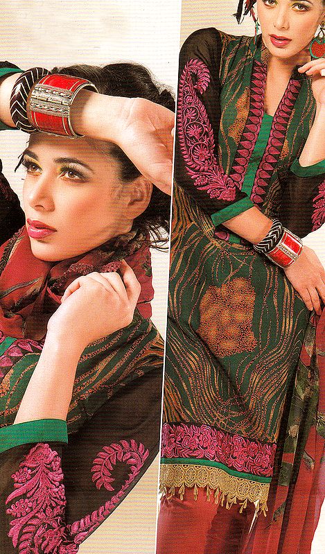 Galapagos-Green Kameez and Choodidaar Printed Suit with Thread Embroidery and Crochet Border
