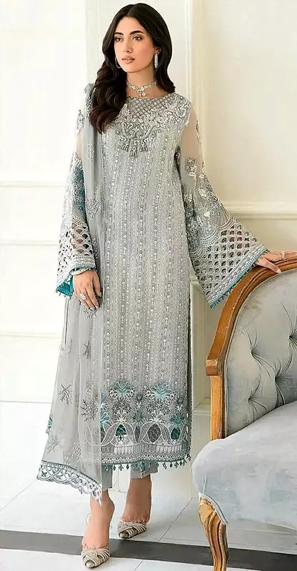Glacier-Gray Faux Georgette Three-Piece Salwar Kameez with Matching Dupatta and Heavy Zari- Sequins Embroidery