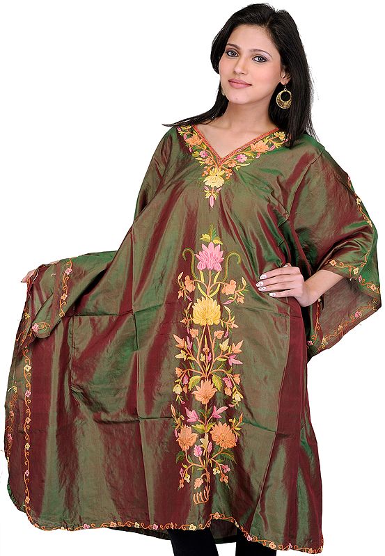 Garden-Green Double-Hued Kaftan from Kashmir with Aari Embroidery by Hand