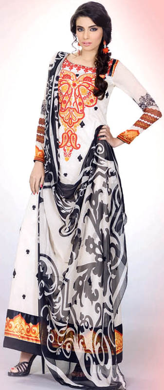 Gardenia Printed Salwar Kameez Suit from Pakistan with Embroidered Organza Motif
