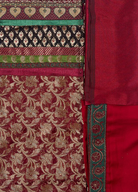 Garnet-Red Banarasi Salwar Kameez Fabric with Brocaded Flowers and Patch Border