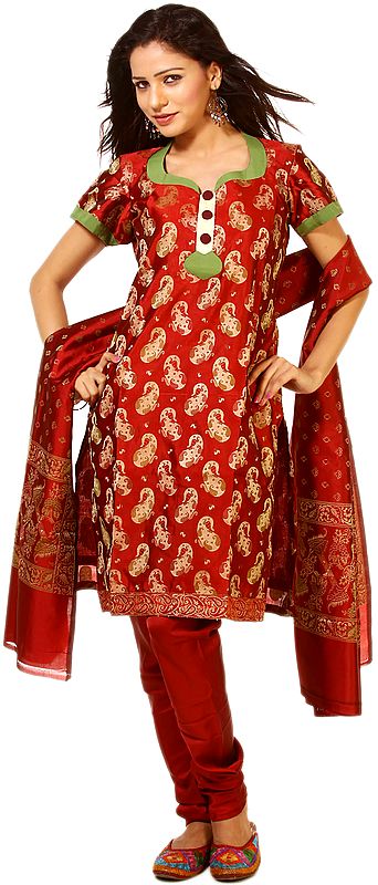 Garnet-Red Brocaded Salwar Suit from Banaras with All-Over Woven Paisleys