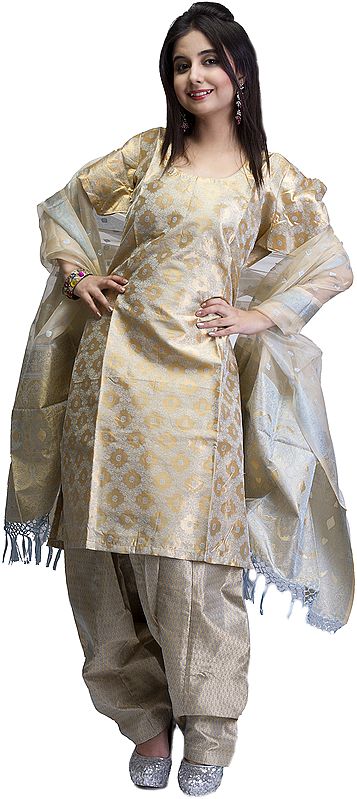 Gold and Aqua Salwar Kameez from Banaras with All-Over Weave