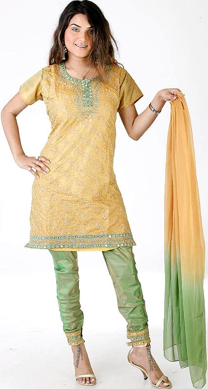 Golden and Green Choodidaar Suit with All-Over Embroidery