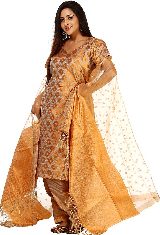 Golden Kora Salwar Kameez Suit with Banarasi Weave All-Over