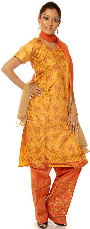 Golden Salwar Kameez Suit with Embroidered Spirals and Flowers