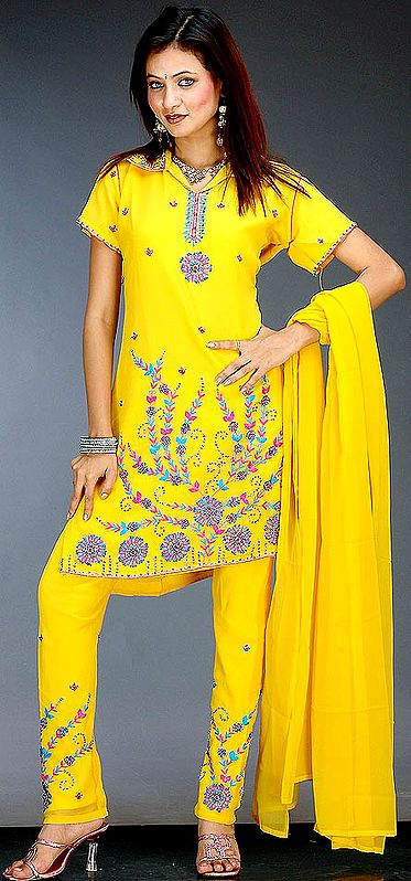 Golden Yellow Choodidaar Suit with Embroidery and Sequins