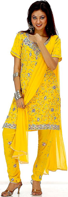 Golden Yellow Choodidaar Suit with Sequins and Crystals