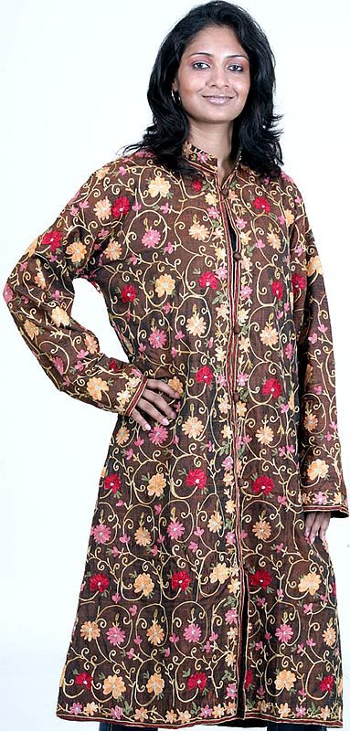 Golden-Brown Long Silk Jacket with Floral Aari Embroidery
