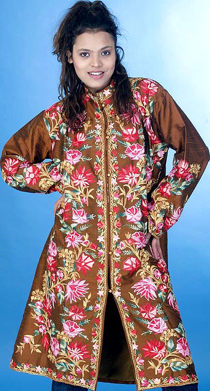Golden-Brown Long Silk Jacket with Large Flowers