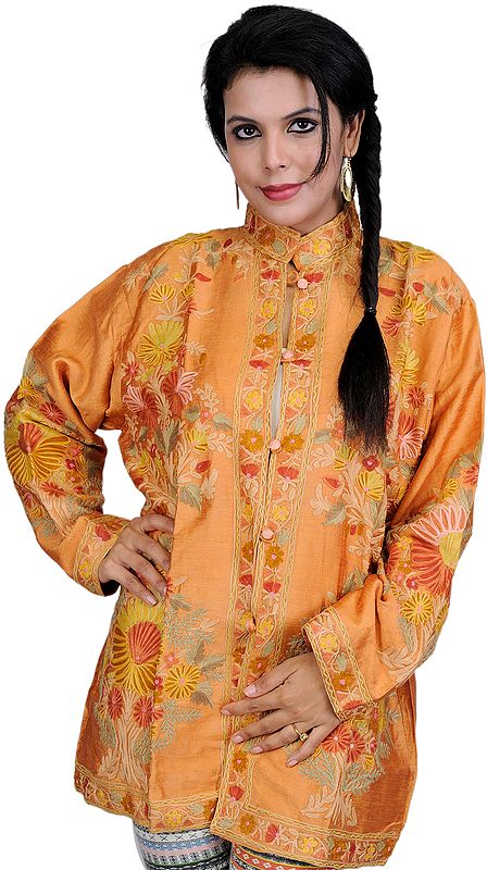 Golden-Ochre Kashmiri Jacket with Aari-Embroidered Flowers