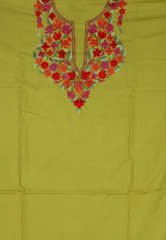 Golden-Olive Two-Piece Salwar Suit from Kashmir with Crewel Embroidered Flowers