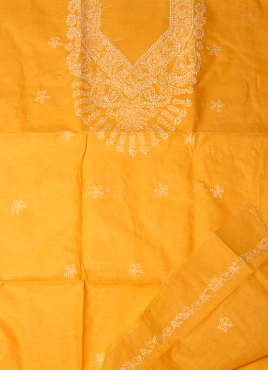 Golden-Poppy Salwar Suit Fabric with All-Over Lukhnavi Chikan Embroidery