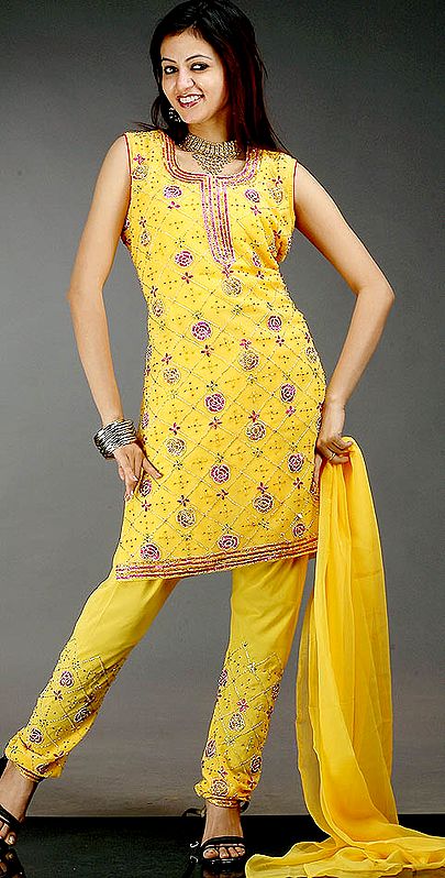 Golden-Yellow Choodidaar Suit with All-Over Beads and Embroidery