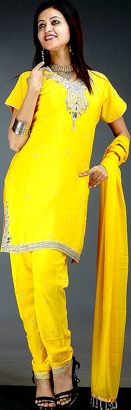 Golden-Yellow Choodidaar Suit with Beads and Crystals