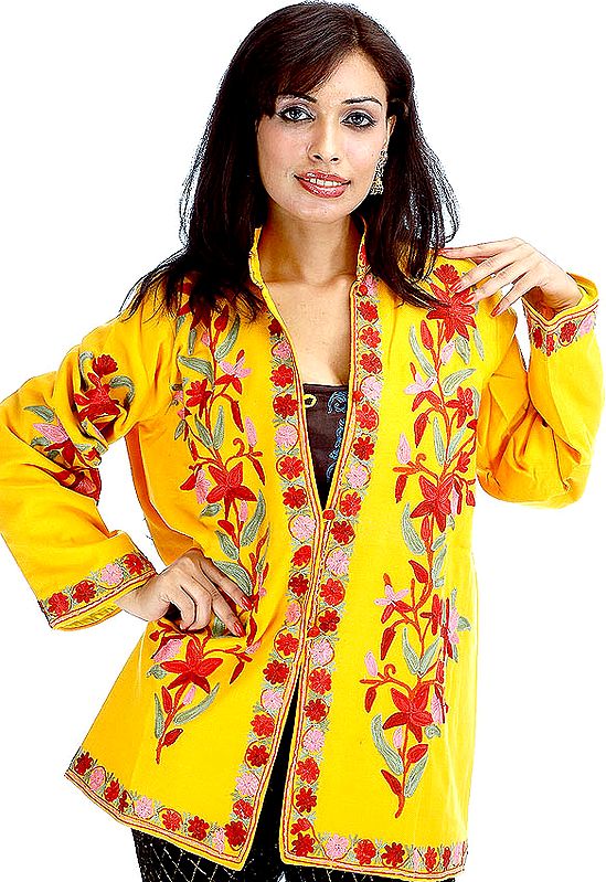 Golden-Yellow Kashmiri Jacket with Embroidered Flowers All-Over