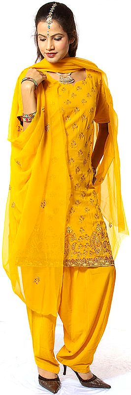 Golden-Yellow Salwar Kameez Suit with Needle-Stitch Embroidery
