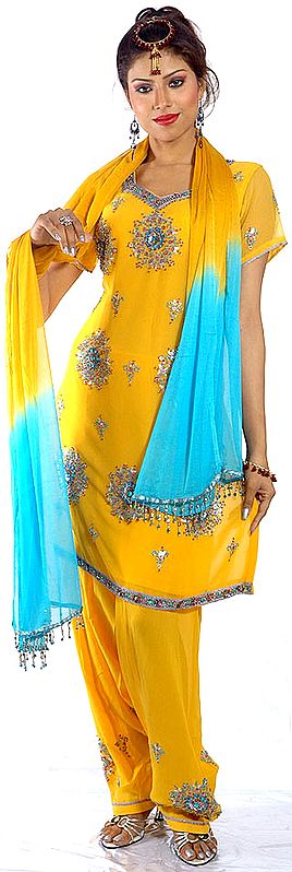 Golden-Yellow Salwar Kameez Suit with Sequins and Beads