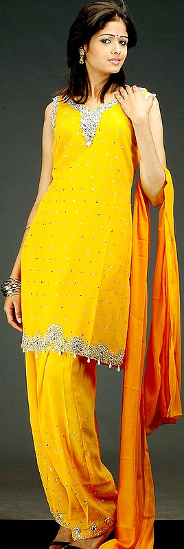 Golden-Yellow Salwar Kameez with Beads and Mirrors