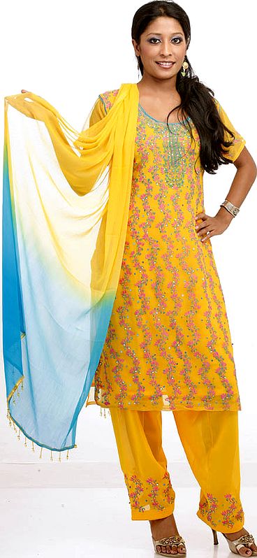 Golden-Yellow Salwar Kameez with Persian Embroidery and Sequins