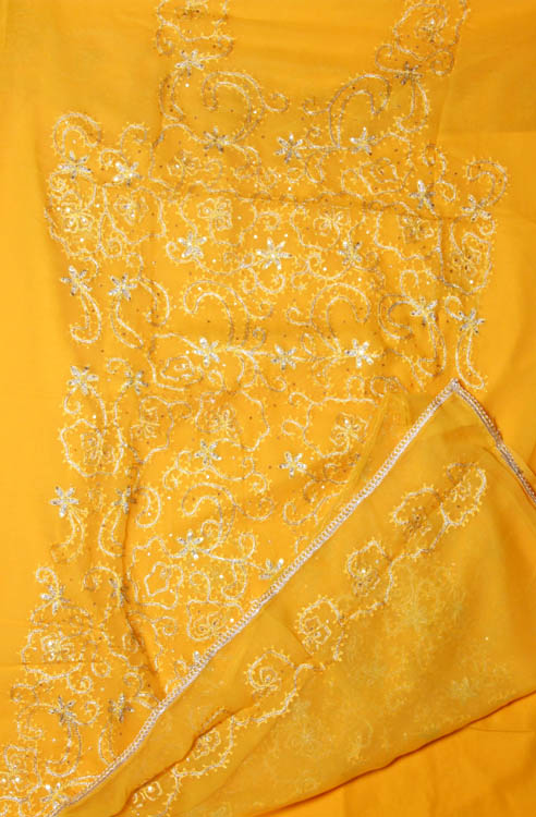 Golden-Yellow Salwar Suit Fabric with All-Over Crewel Embroidery