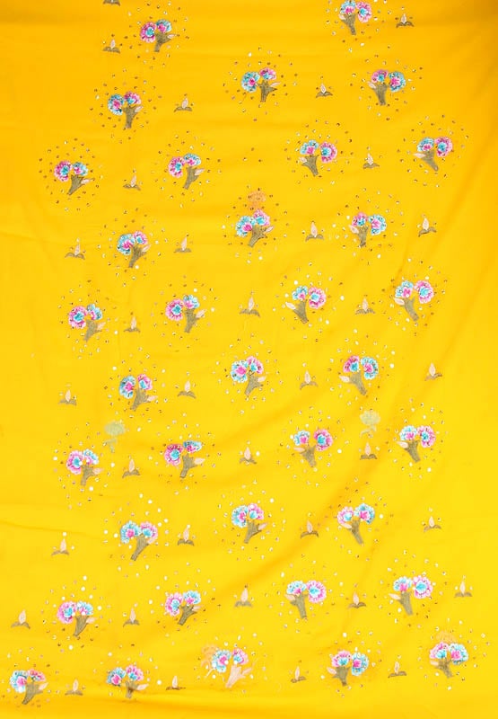 Golden-Yellow Salwar Suit Fabric with Persian Embroidered Flowers and Sequins
