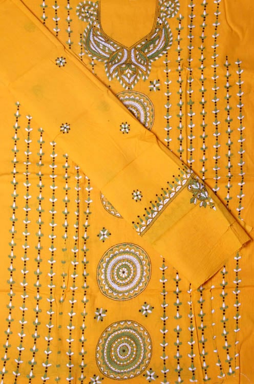 Golden-Yellow Salwar Suit with All-Over Kantha Stitch Embroidery