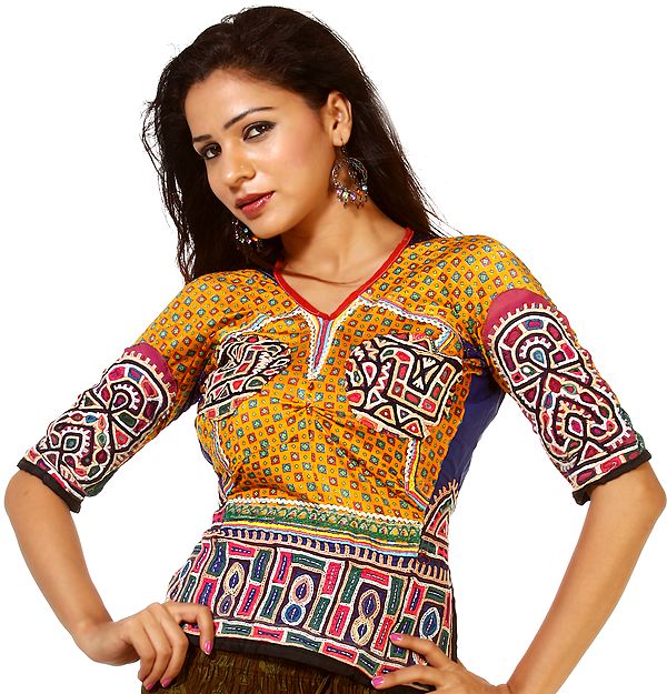 Gold-Fusion Antiquated Backless Choli from Kutch with Multi-color Rabari Embroidery