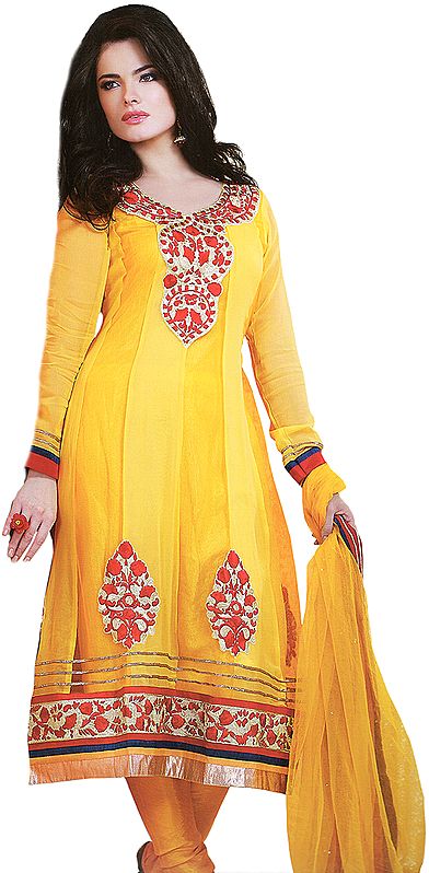 Gold-Fusion Flaired Kameez Suit with Embroidery on Neck and Patch Border