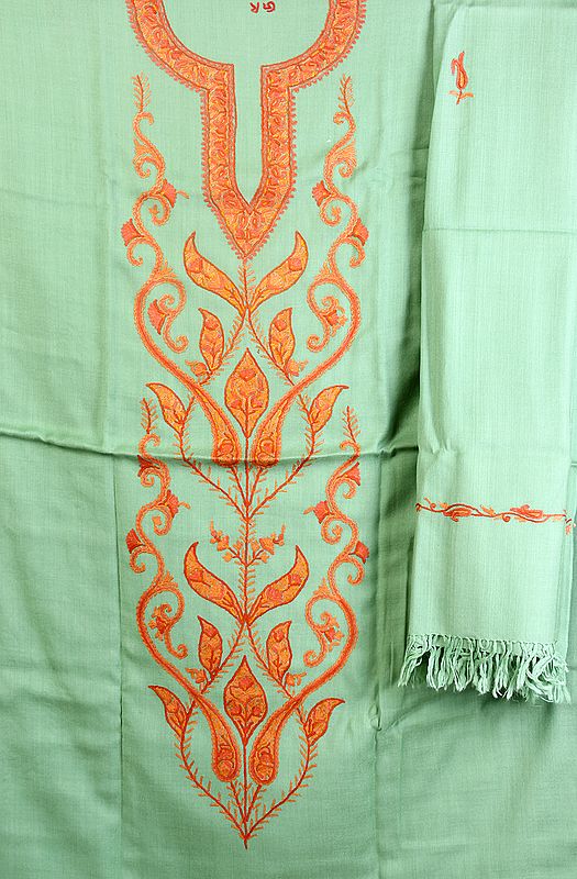 Grass-Green Salwar Kameez Fabric from Kashmir with Aari Embroidery by Hand