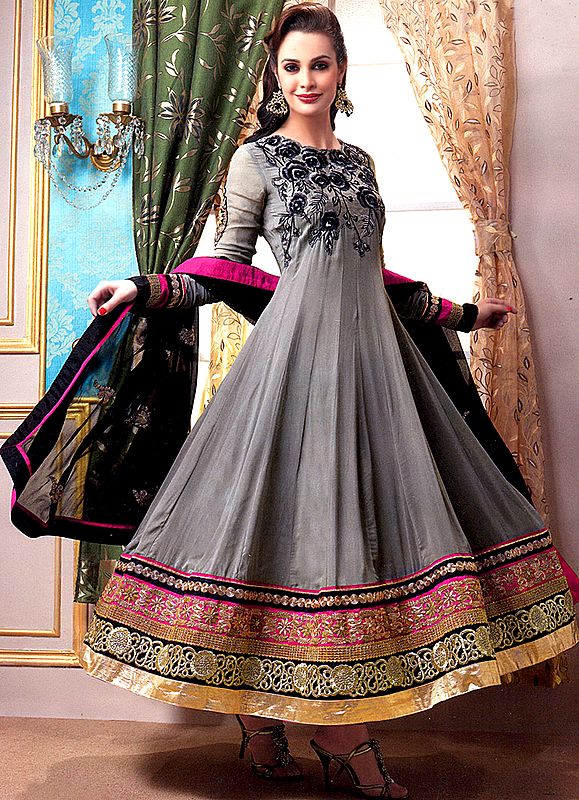 Gray Anarkali Flared Kameez and Choodidaar Suit with Crewel Embroidered Flowers on Wide Patch Border