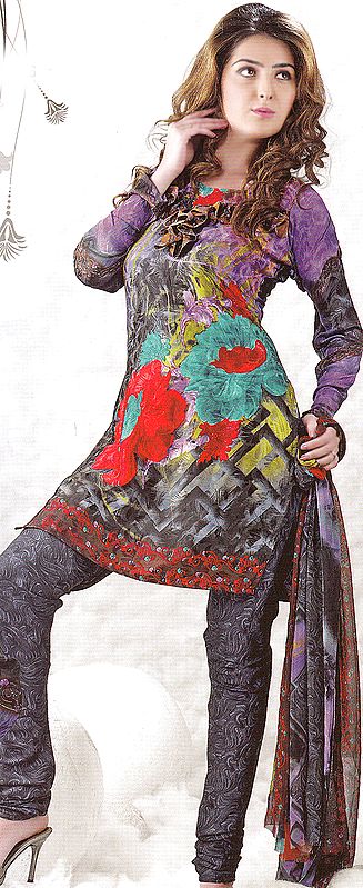 Gray and Amethyst Orchid and Black Choodidaar Suit with Printed Flowers and Self Weave