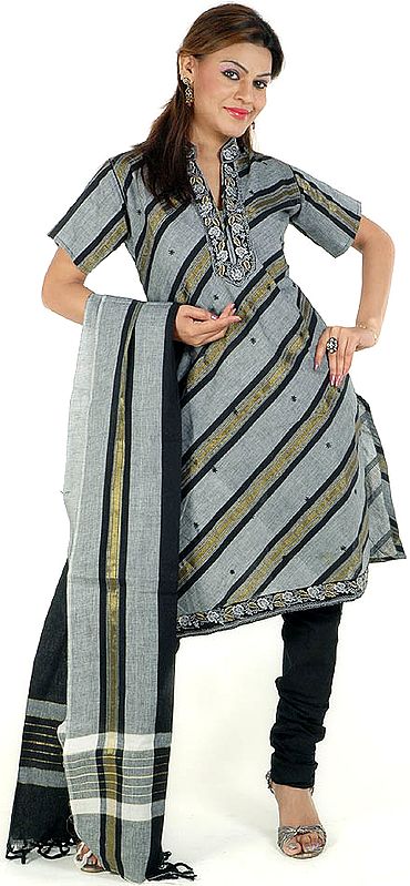 Gray and Black Choodidaar Suit with Floral Embroidery