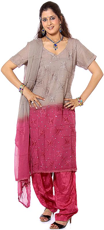 Gray and Magenta Salwar Kameez Suit with Crewel Embroidery and Sequins