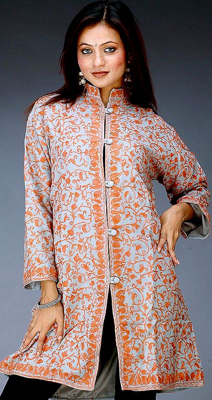Gray and Orange Long Aari Jacket Embroidered in Kashmir