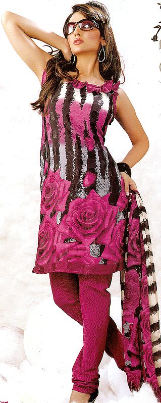 Gray and Purple Kameez and Choodidaar Suit with Self Weave and Large Printed Roses
