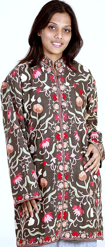 Gray Heavily-Embroidered Floral Aari Jacket from Kashmiri