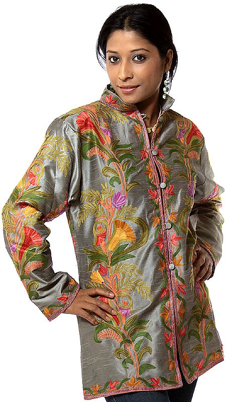 Gray High-Neck Jacket from Kashmir with Embroidered Tulips