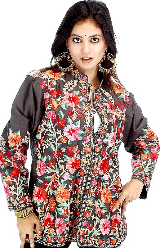 Gray Kashmiri Jacket with All-Over Aari Flowers