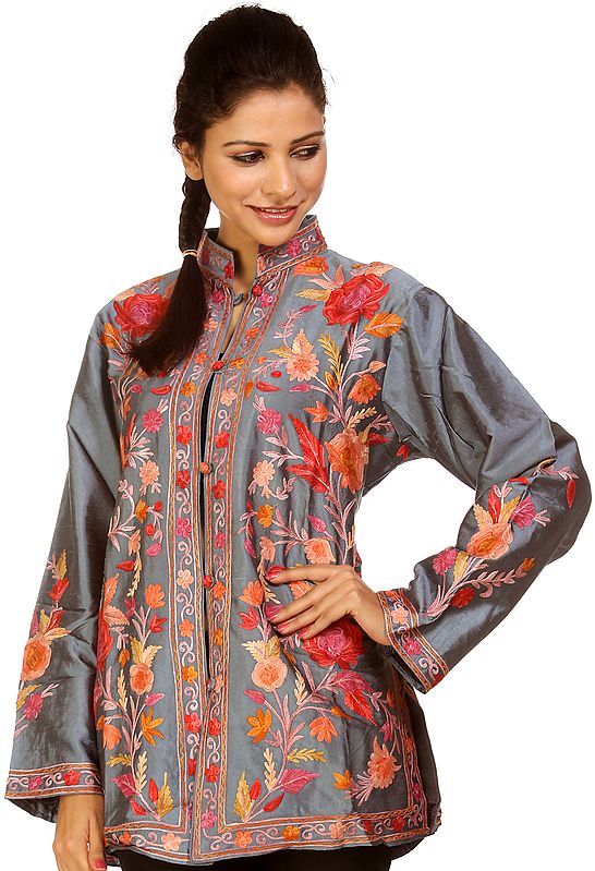 Gray Kashmiri Jacket with Aari-Embroidered Flowers All-Over