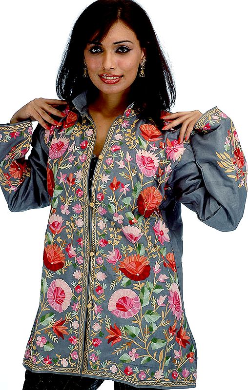 Gray Kashmiri Jacket with Densely Embroidered Flowers