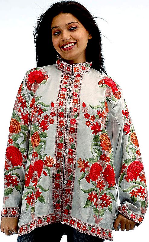 Gray Kashmiri Jacket with Large Flowers Embroidered All-Over